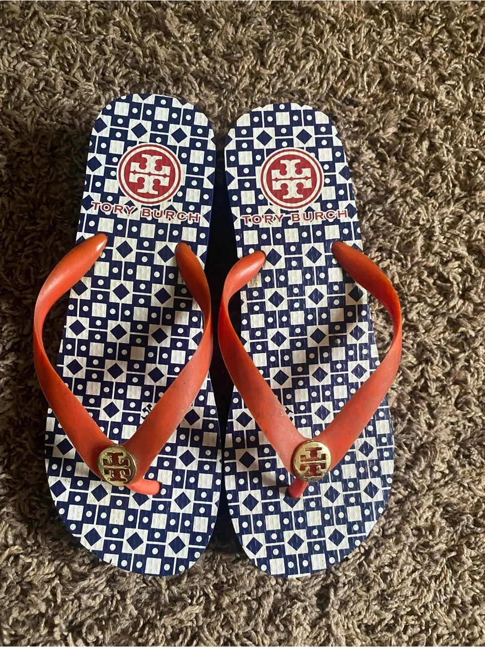 Tory Burch Navy Geometric Flip Flops with Orange Straps